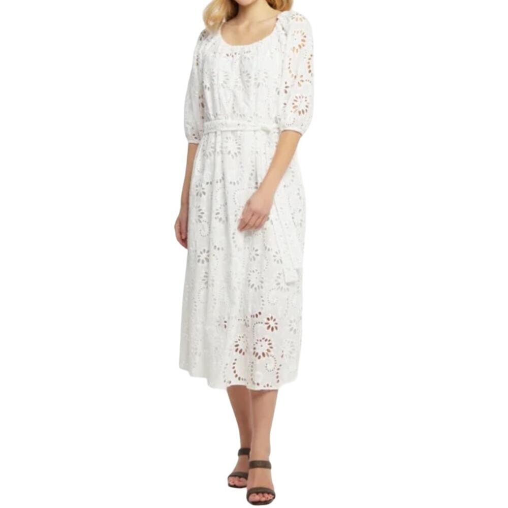 Hugo Boss Midi Dress White Eyelet Lace Sheer Short Sleeve Belted